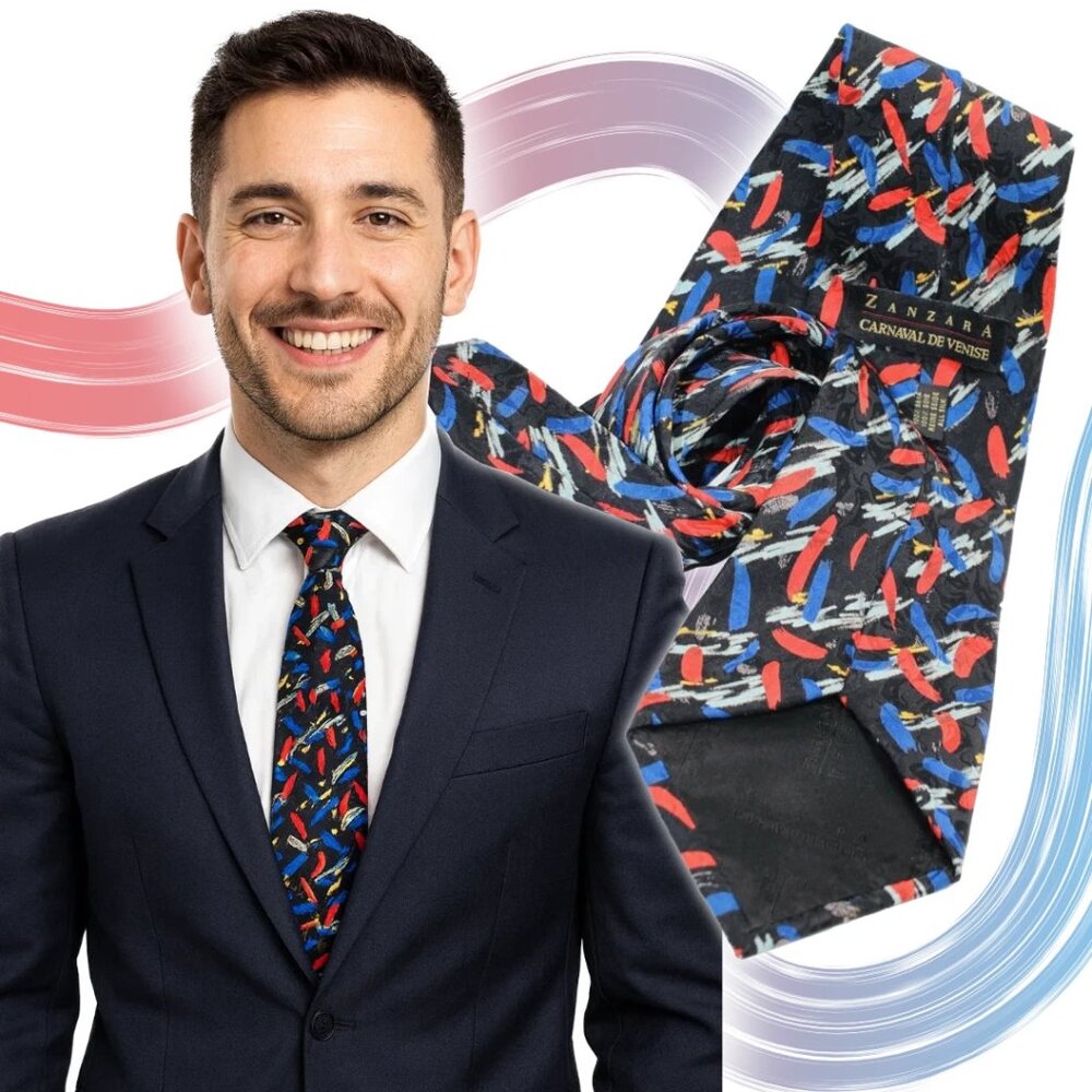 Vintage Zanzara 100% Silk Necktie Carnaval De Venise Retro Abstract Print